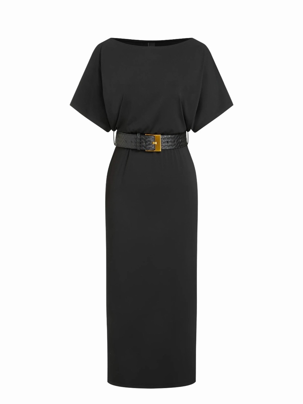 Cider Black Maxi Dress with Textured Belt and Gold Buckle